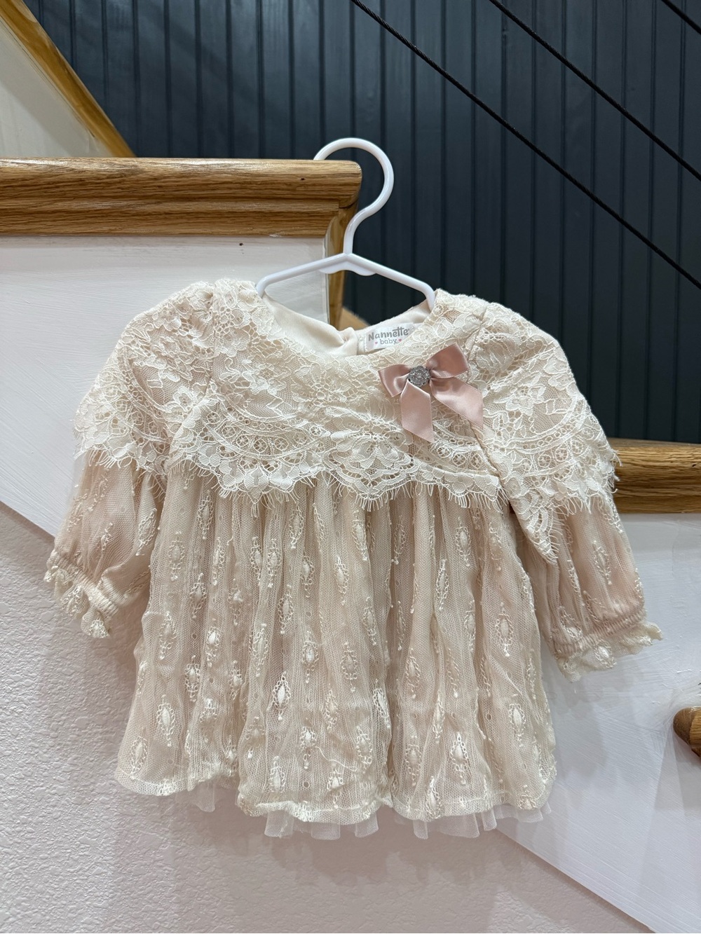 Nannette Baby Cream Lace Dress with Blush Bow
